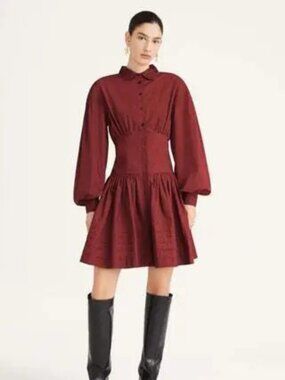 Merlette Taylor Mini Button Shirt Dress Blouson Sleeve Terracotta 2 NWT